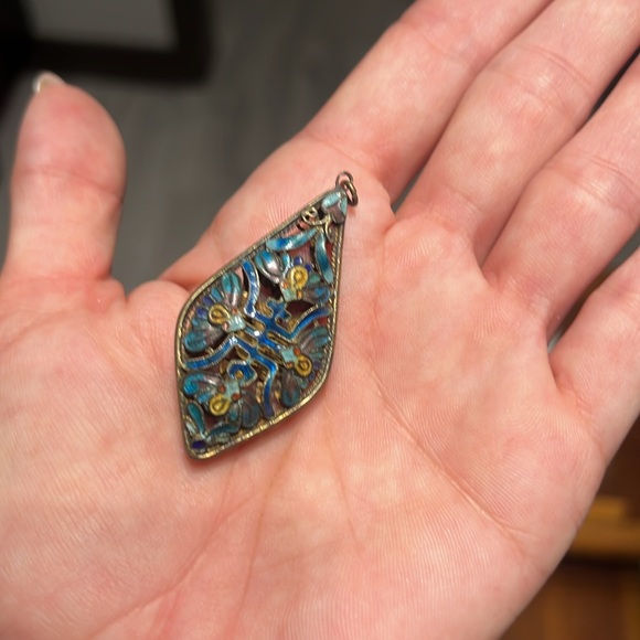 Vintage mix lot of jewelry Chinese cloisonne enamel ceramic blue white cinnabar - Picture 8 of 16